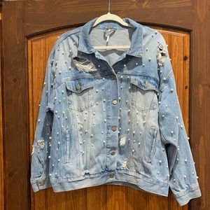 Free People distressed jean jacket w/ pearls NWOT
